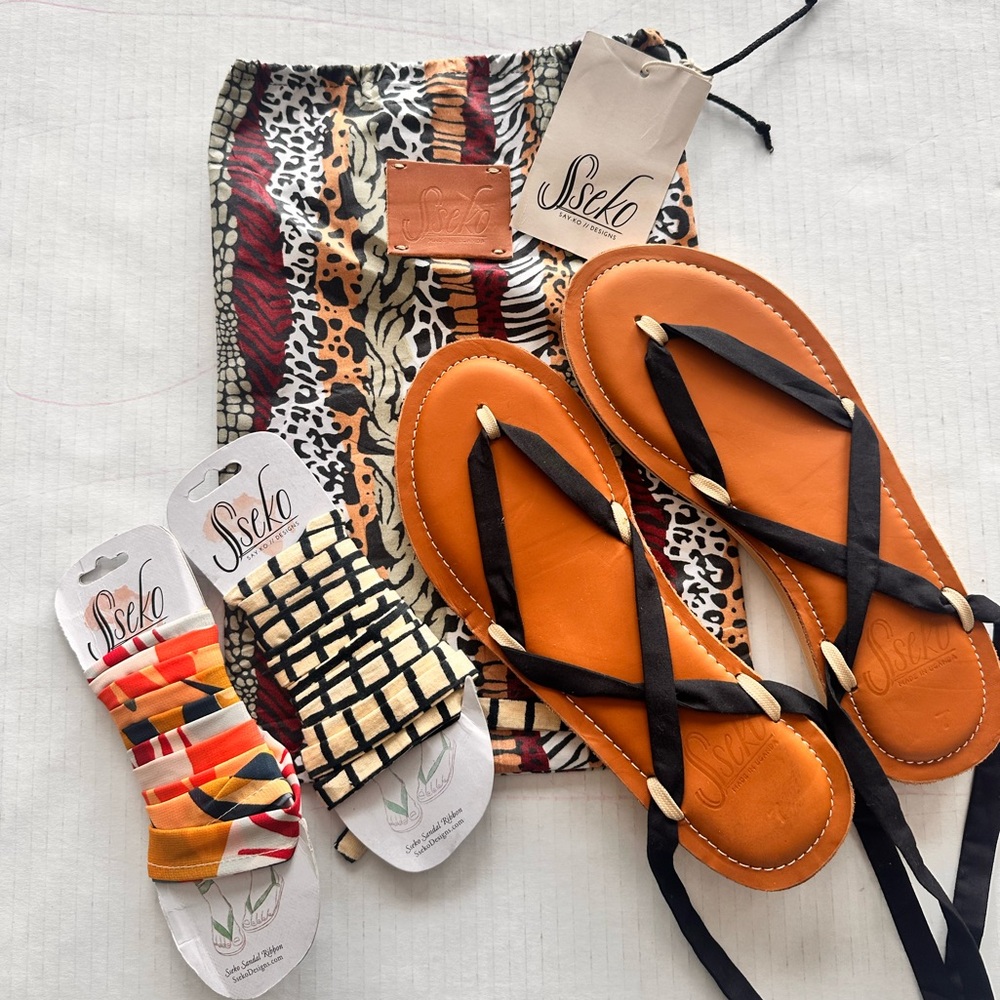 Sseko Leather Sandals Size 7 w/ Extra Ribbons & Travel Bag NWT